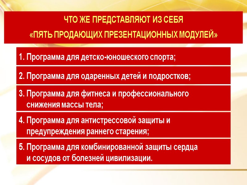 1. Программа для детско-юношеского спорта; ЧТО ЖЕ ПРЕДСТАВЛЯЮТ ИЗ СЕБЯ «ПЯТЬ ПРОДАЮЩИХ ПРЕЗЕНТАЦИОННЫХ МОДУЛЕЙ»